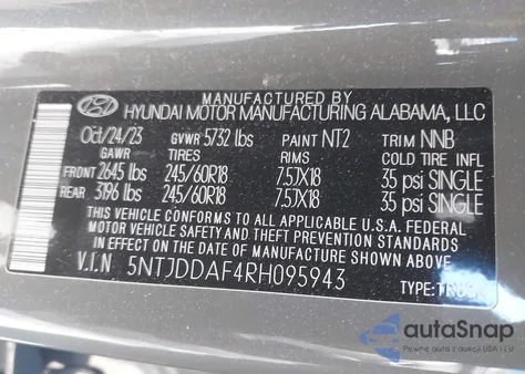 2024 Hyundai Santa Cruz Xrt z USA, uszkodzony, nr VIN 5NTJDDAF4RH095943